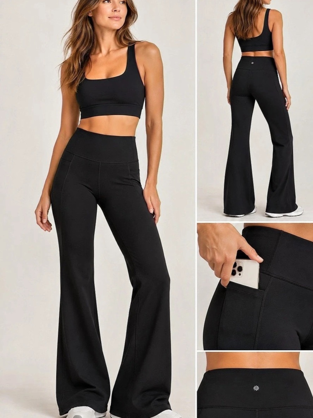 Athleta Salutation Stash Flare Pant Black Medium High Rise Yoga Pockets EUC